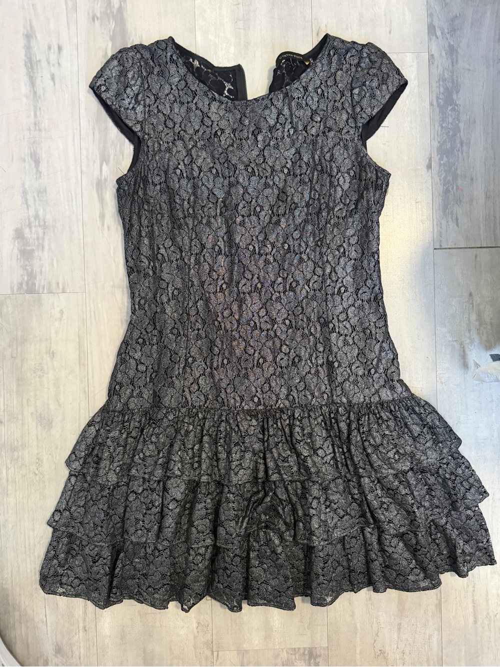 Cynthia Steffe Black Lace Tiered Cap-Sleeve Mini Dress